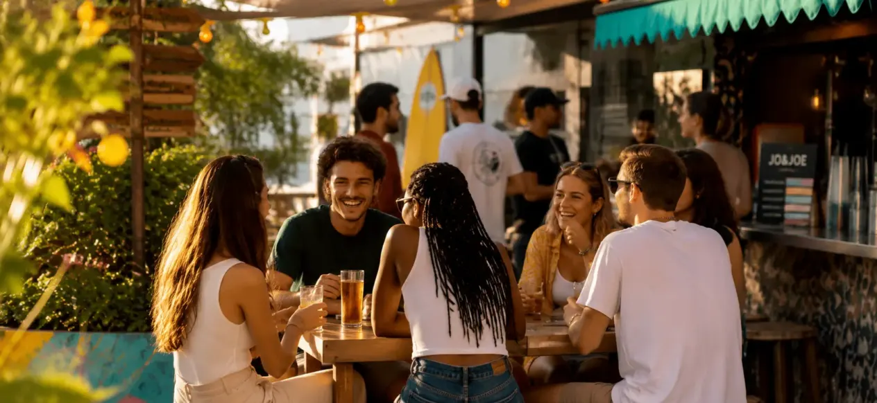 Hóspedes sentados em volta de uma mesa em um terraço no JO&JOE