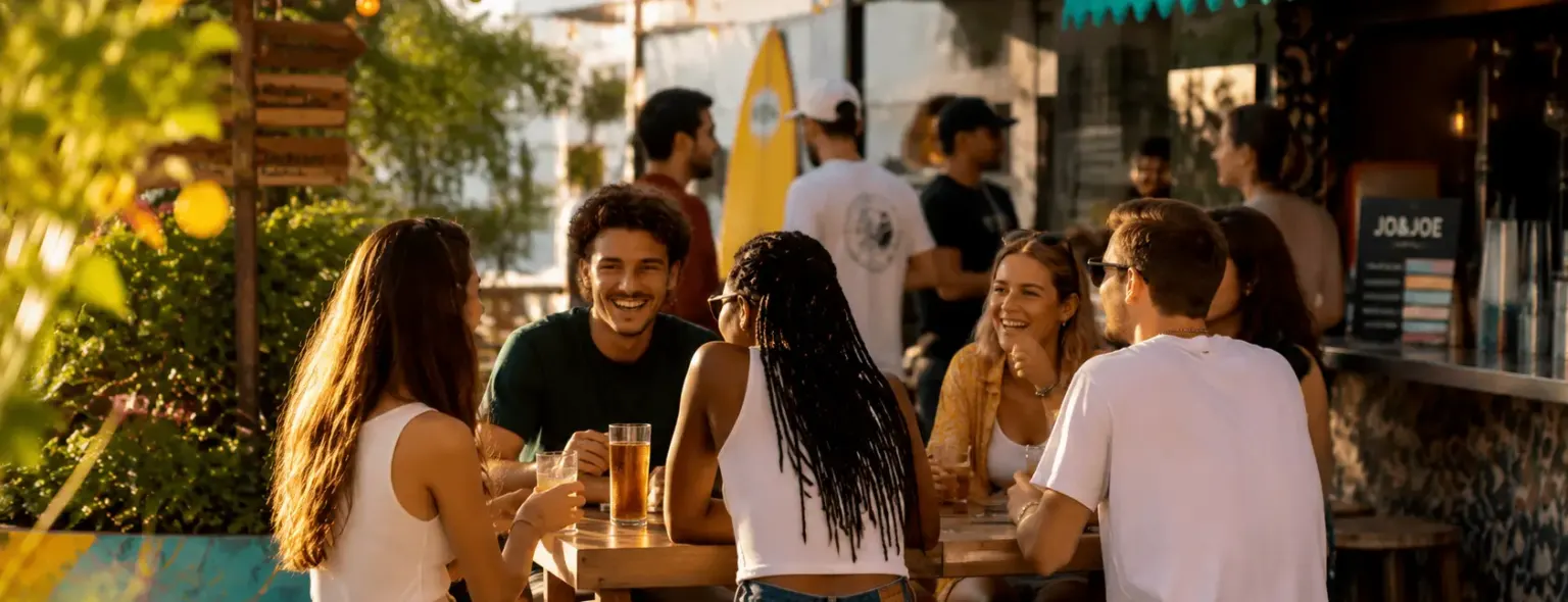 Clients assis autour d'une table sur une terrasse au JO&JOE